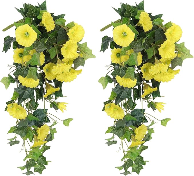 RECUTMS Artificial Fake Hanging Flowers Plants for Outdoor Decoration, 2 Pcs UV Resistant Faux Petunias Trailing Plants Realistic Flower Look Real for Door Wall Yard Porch Garden Planter (Yellow)