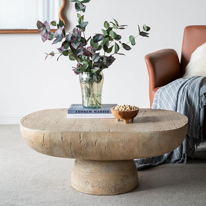 Oval Coffee Table Modern Faux Stone Circle Center Table Accent End Side Table for Living Room, Magnesium Oxide, 36" Cream