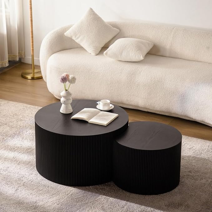 Modern Round Nesting Coffee Table Round Black Fluted Coffee Tables Set of 2 Drum Crescent Side Table Accent End Tables for Living Room, No Assembly Required,Black