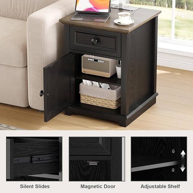 End Tables with Fast-Charge Sets, Side Tables with Drawers, Storage Side Tables Living Room, Adjustable Shelf, Bedroom Nightstands Set of 2, Black