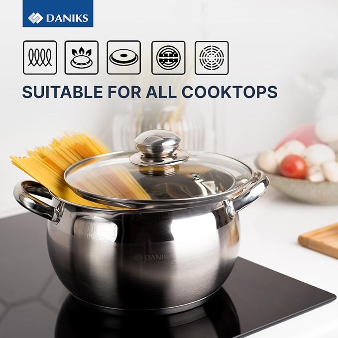Daniks Classic 11-Piece Stainless Steel Cookware Set with Glass Lids, Includes Saucepan and Frying Pan with Lid, Tri-Ply Bases for Even Heating, Induction Compatible, Dishwasher Safe