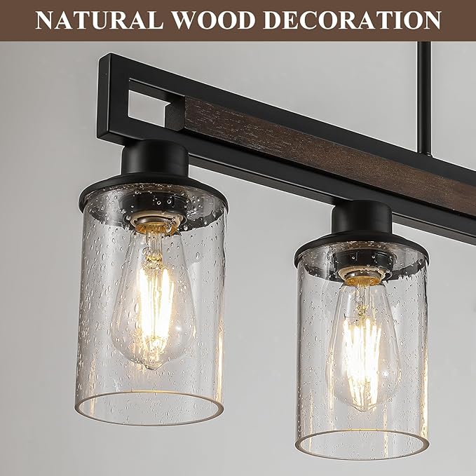 Farmhouse Dining Room Light Fixture, 5-Light Wood Kitchen Island Lighting for Dining Room Over Table, Black Adjustable Pendant Light with Seeded Glass Shades, Linear Chandeliers Lighting for Kitchen
