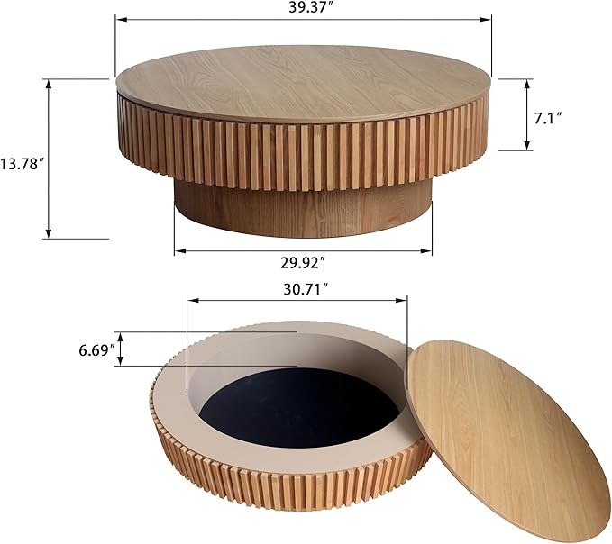 39" Round Coffee Table with Hidden Storage Compartment, Modern Handcraft Fluted Drum Coffee Table, Wooden Circle Center Table Cocktail Tea Table with Sturdy Pedestal for Living Room, Natural