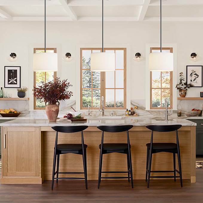 Electro bp;9" Dia White Linen Drum Shade Hanging Pendant Light Fixture with Black Pole Kit,E26,Hardwired,2-Pack;