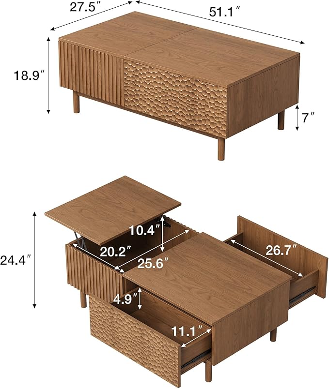 Mid-Century Modern 51.1" Coffee Table with Lift-Top & Storage, Legged Living Room Center Table for Typing, Entertaining & Stowing Essentials, Walnut
