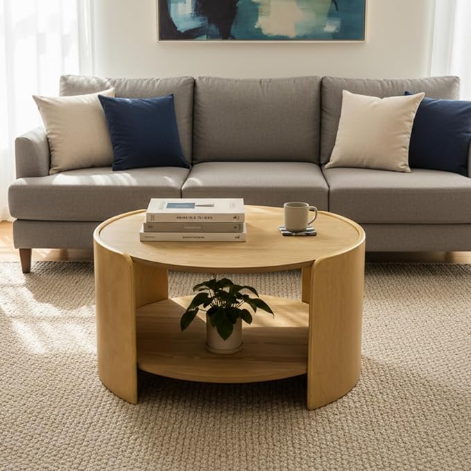 DUOMAY Wood Coffee Table, 31.5" Round Coffee Table with Storage Shelf Mid Century Modern Center Table for Living Room Apartment, Natural Oak Color