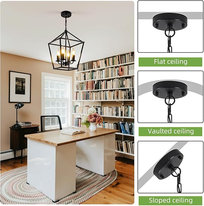 Black Farmhouse Chandelier, Industrial 4 Light Pendant Light Fixtures, Rustic Metal Lantern Ceiling Hanging Light for Entryway, Foyer, Kitchen Island, Dining Room, Hallway, Bedroom