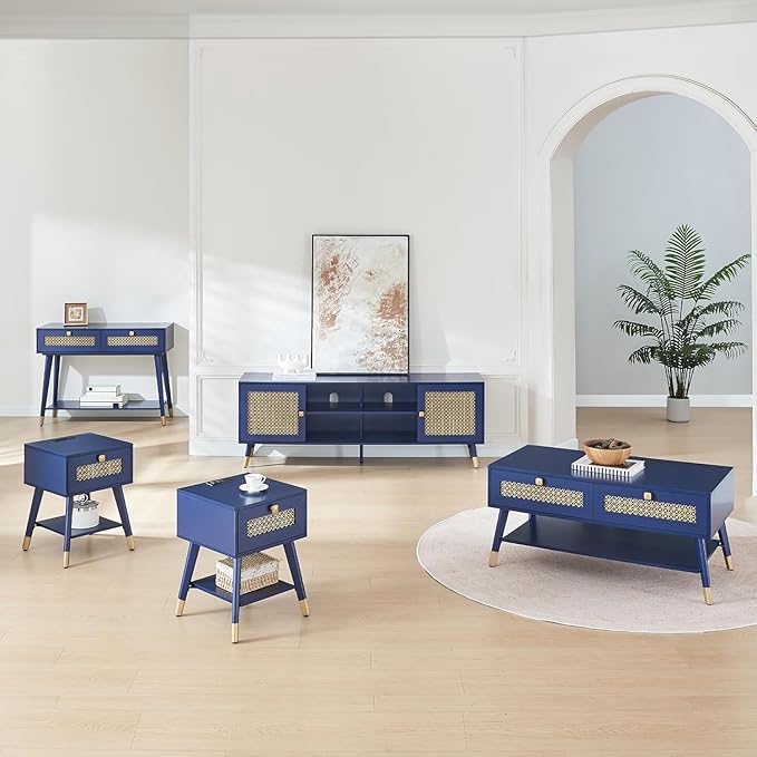 Mid Century Modern End Table, Small Side Tables with Charging Station & Outlets and USB Ports, Blue Wood Nightstand with Storage Drawer and Open Shelf for Living Room, Set of 2