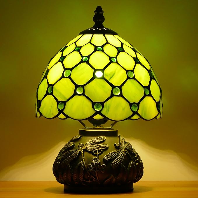Small Tiffany Lamp Mini Stained Glass Table Lamp Green Yellow Pearl Style Mushroom Accent Lamp 8X11 Inch