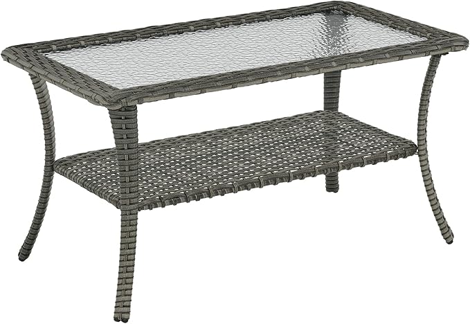 Rilyson Patio Tables Outdoor Coffee Table - Wicker Rattan Coffee Tables with 2-Tier Storage Shelf Glass Top for Outside Proch Deck Balcony Garden Rectangle Mixed Grey