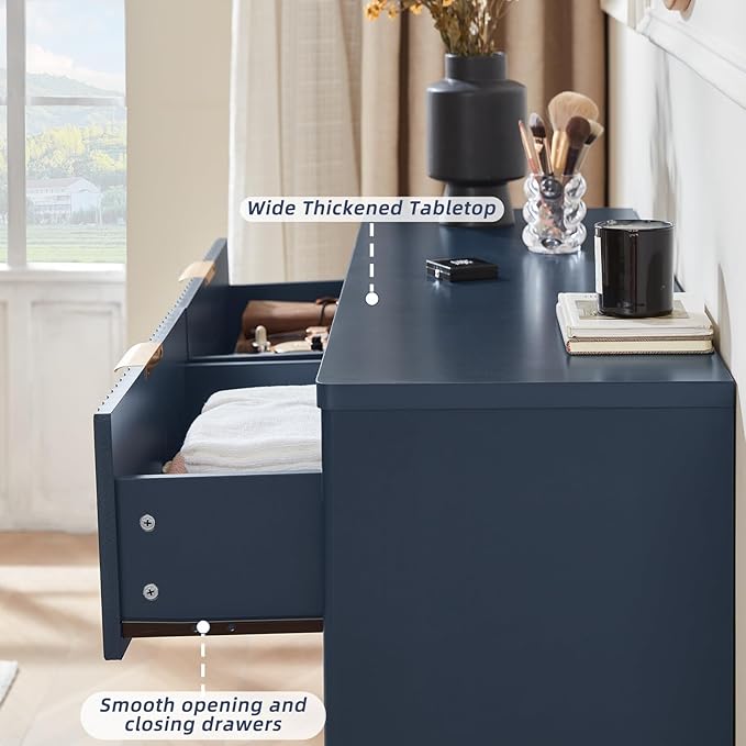 LEYAOYAO Fluted 6 Drawers Dresser, 48" Wide Modern Chest of Drawers with Wood Grain Top, Curved Profile Design, Dresser TV Stand, Wood Drawer Organizer for Bedroom, Living Room, Hallway,Blue