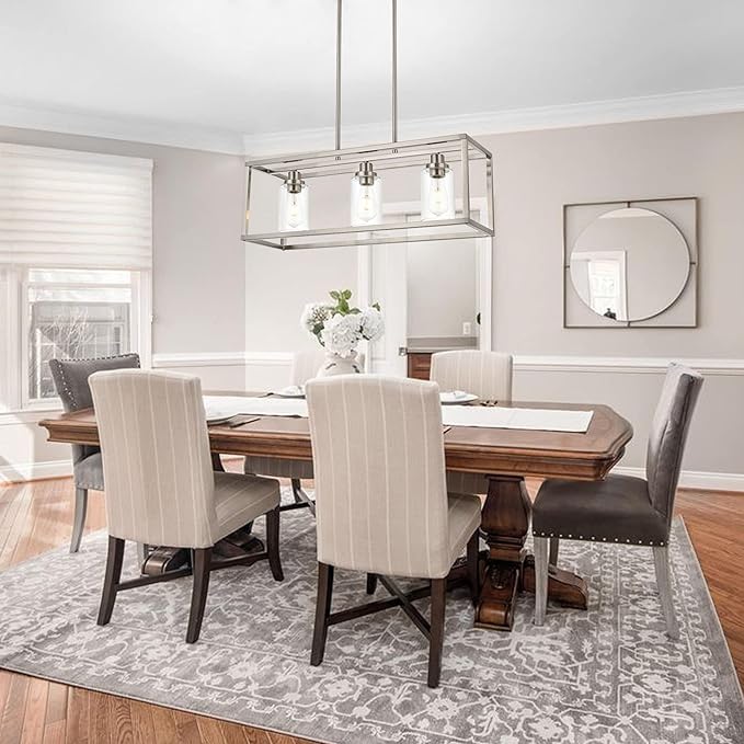 MELUCEE Rectangle Chandeliers for Dining Room Brushed Nickel Finish 3-Light Kitchen Island Lighting Modern Light Fixtures Ceiling Hanging for Hallway Living Room, Clear Glass Lampshade