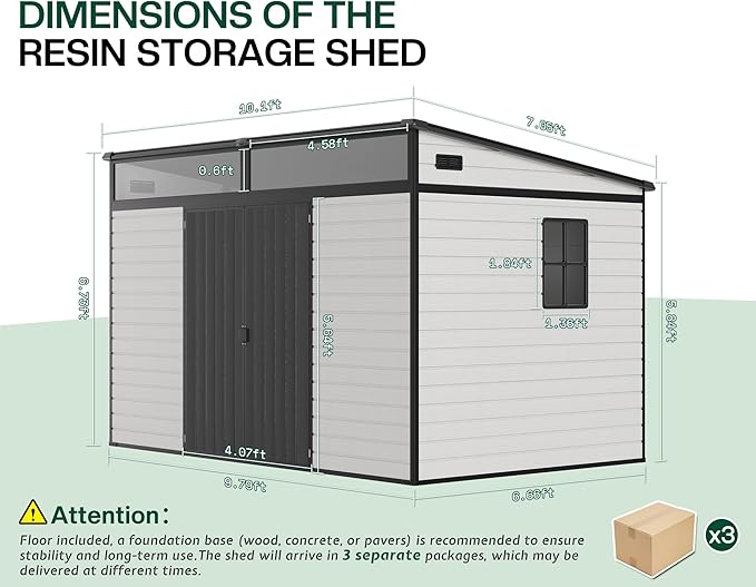 Jocisland 10x7x6.7 FT Outdoor Resin Storage Shed with Floor & Double Doors, Sloped Roof Garden Shed with Skylight Panels, Window & Vents, Waterproof UV-Resistant Tool Sheds for Garden, Lawn, Backyard