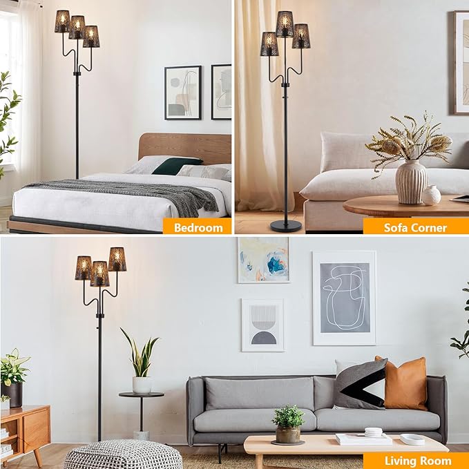 9MMML 3-Light Black Dimmable Floor Lamp for Living Room Bedroom 68'' Tall Standing Lamp with Metal Hollow Shades, 3 x E26 LED Bulb Included