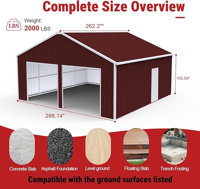 22x23 FT Outdoor Metal Garage Shed with 14-Gauge Steel Frame, 26-Gauge Panels & Side Door, Heavy-Duty Prefab Steel Building for Two Cars,Workshop, Farm Equipment & Tractor Shelter（Brown）