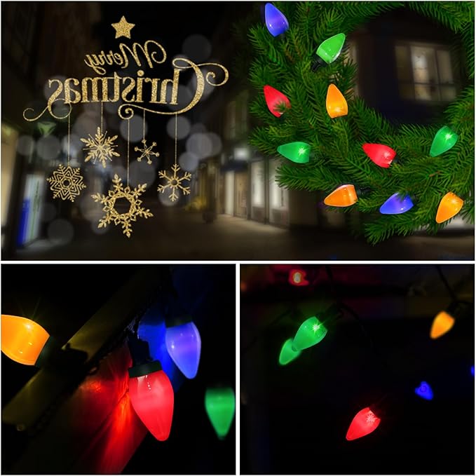 Anycosy Christmas Lights Outdoor, 100 LEDs C7 String Lights with Timer Function Battery Operated 8 Modes for Christmas Decorations