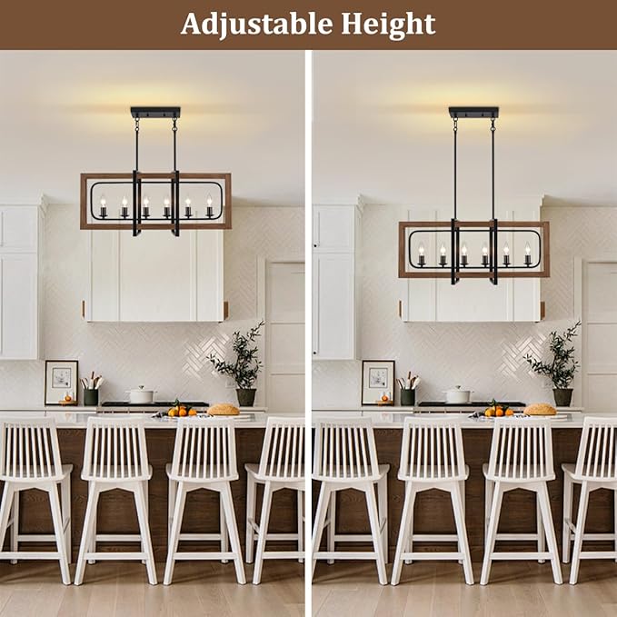 Farmhouse Dining Room Light Fixtures Over Table, 6-Light Rustic Wood Chandeliers Rectangle Kitchen Island Lighting Hanging Pendant Lights Kitchen Chandelier Adjustable Height