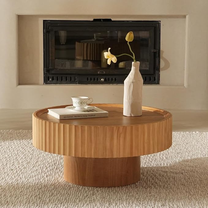 Round Coffee Table with Storage, 30.3” Fluted Drum Modern Living Room Table, Mushroom Shape Wood Center Tables, Accent Coffee Tables for Living Room, Apartment(30.3''L×13.7''H)