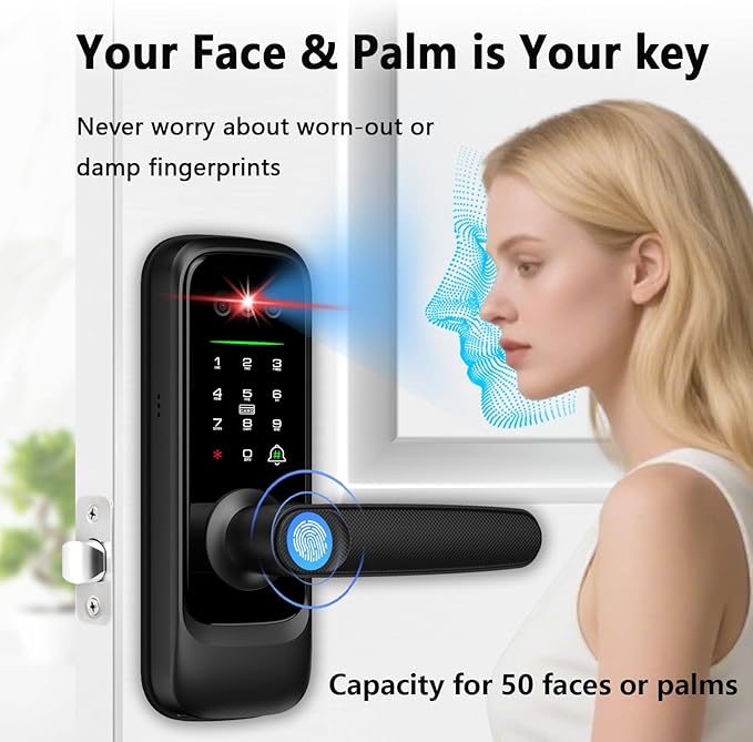 Smart Lock with Face Recognition, 3-in-1 Camera+ Doorbell+ Keyless Entry Door Handle, Palm Vein, Fingerprint, Keypad, WiFi Electronic Knob for Front Door and Bedroom,Motion Sensor,Tuya App