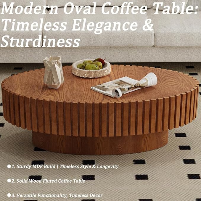 43.3” Oval Coffee Table Modern Fluted Coffee Table Handcrafted Relief Center Table with Sturdy Pedestal Mid Century Modern Center Table Tea Table for Living Room Apartment (Brown)