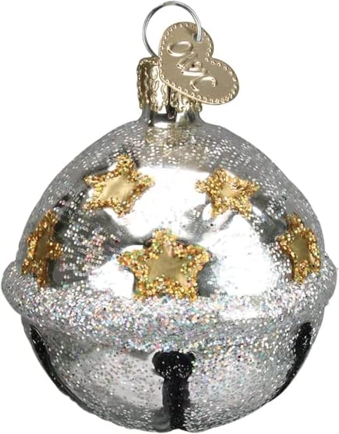Old World Christmas Silver Jingle Bell Glass Blown Ornament for Christmas Tree, Handcrafted Holiday Decoration, Bell Collection