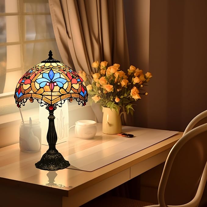Tiffany Baroque Table Lamp 12 Inches Stained Glass Lamp Vintage Table Lamp for Desk Bedroom, Bedside Und Reading Desk Light
