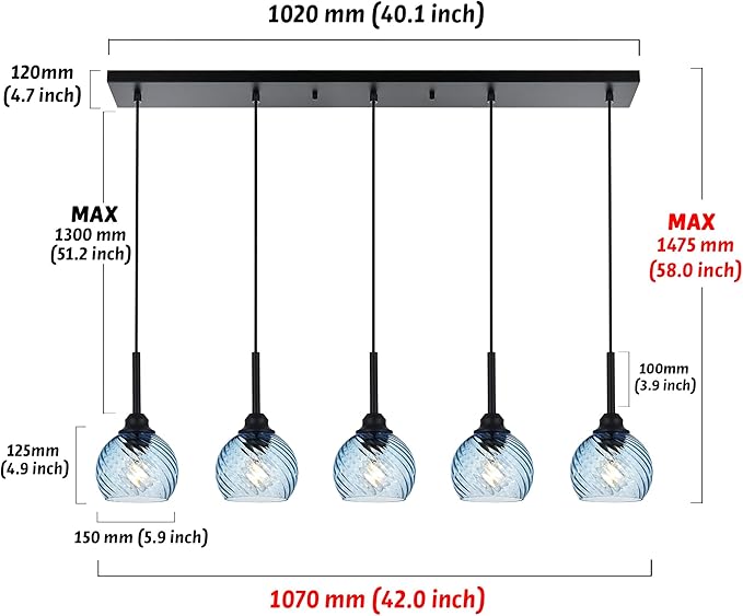 5 Light Island Lighting Fixtures Hanging with Blue Striped Swirl Globe Glass, Black Linear Hanging Pendant Light Fixture Farmhouse Chandelier for Dining Room Bar Living Room