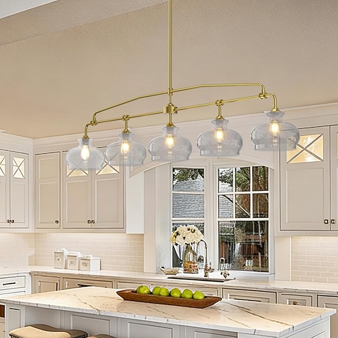 Industrial Modern 5 Light Chandelier Gold Rustic Linear Pendant Light Minimalist Country Luxury Chandeliers Adjustable Height with Glass Lampshade for Dining Room Island Living Room Foyer (5 Light)