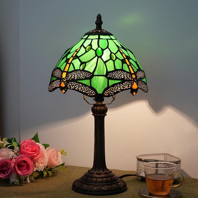 Tiffany Lamp Green Dragonfly Stained Glass Table Lamp 8X8X14 Inches Green Dragonfly Style Desk Reading Light Decor Beside Bedroom Living Room Home (H1057-Green Dragonfly)