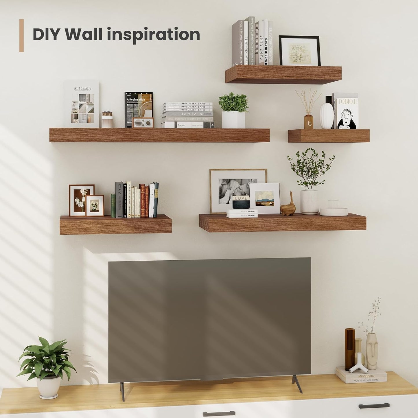 Heimlove 12 Inch Deep Floating Shelves, 12 x 12 inches Long Wall Shelf, Large Extra Display Shelf & Storage Shelf, Rustic Wood Wall Shelves for Fireplace Mantel, Walnut - 2Pack