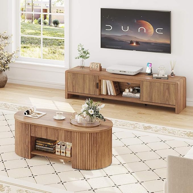 FATORRI Coffee Table for Living Room Storage, Modern Wood Center Table with Drawer, Farmhouse Oval Fluted Living Room Tables with Shelf (Walnut, 43.31 Inch)