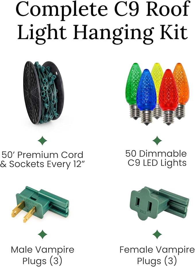 Pro Christmas C9 LED Christmas Light Kit for Rooflines & Pathways – DIY Cut to Length, Outdoor Commercial Grade (Green Wire w/Vampire Plugs, 50 Bulbs, 50 ft) Cool White