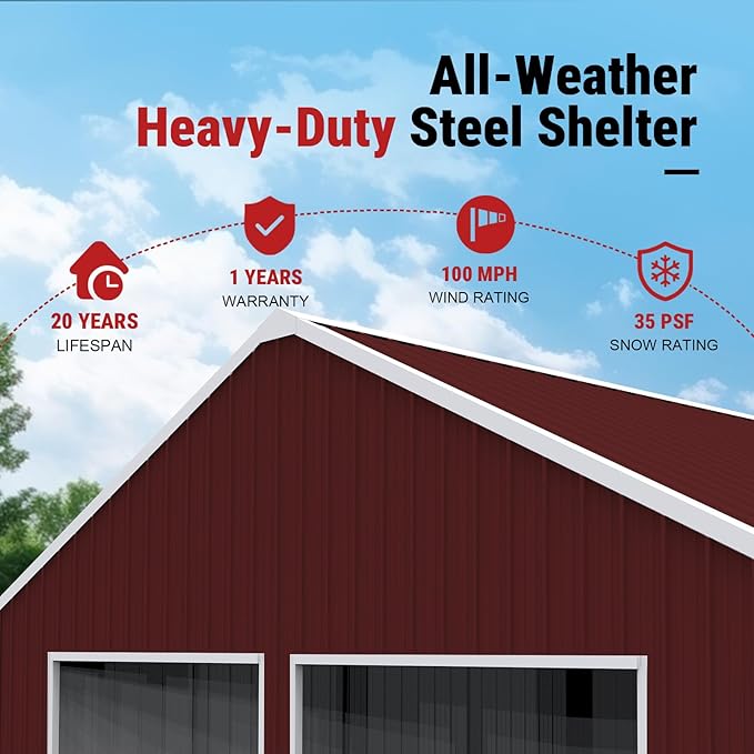 Outdoor Metal Storage Shed, 33x25 FT Large Heavy-Duty Garage Industrial Prefab Steel Building with Side Door for Car, Metal Barn, Outdoor Workshop, RV, Tractor & Equipment Shelter（Brown）