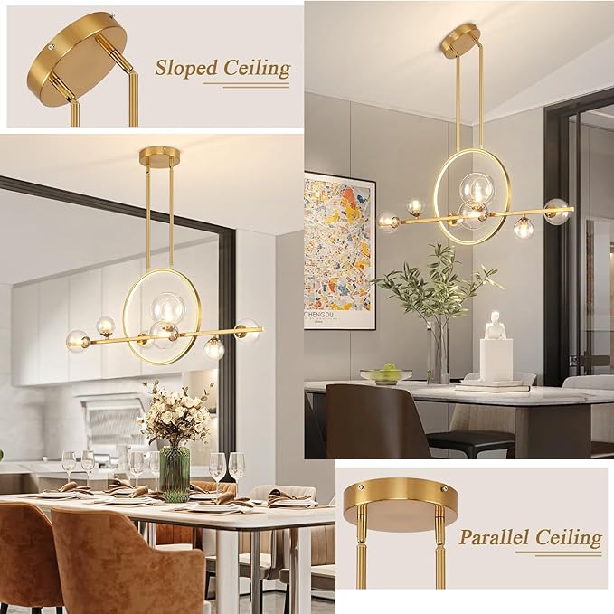 Modern 7-Light Gold Kitchen Island Light for Dining Room, 37.4" Minimalist Dimmable LED Linear Pendant Lights with Globe Glass Shade, Ceiling Light Fixture Hanging for Dining Room, Office, Kitchen