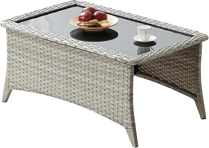 Rilyson Patio Tables Wicker Coffee Table - Outdoor Rattan Coffee Tables with Glass Top for Patio Proch Deck Balcony Rectangle Light Grey
