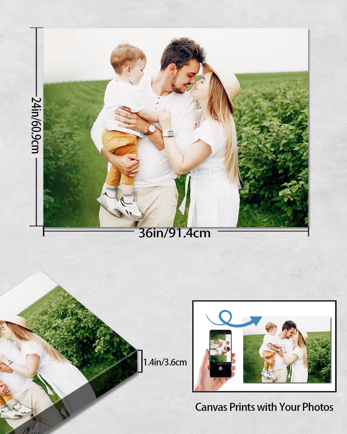 Personalized Custom Canvas Wall Art, Custom Canvas Prints with Your Photos for Living Room, Bedroom, Wedding Pet Baby Family Photo Framed Wall Art, Customized Photo Gift for Family，Friend，Lover，Pet (36L" x 24W")