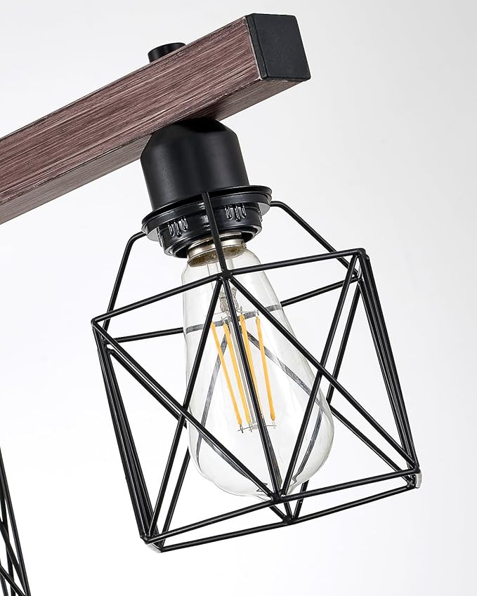 5-Light Industrial Farmhouse Chandelier with Wood Grain Bar and Black Metal Cage – Rustic Hanging Ceiling Lamp for Kitchen Island, Dining Room, and Living Room