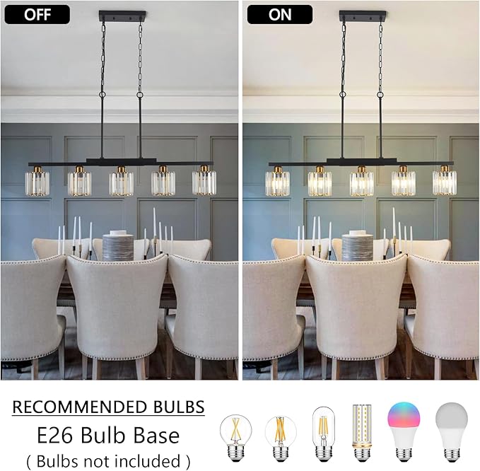 Kitchen Island Light Fixtures ，5 Lights Black and Gold Chandeliers for Dining Room Over Table, Modern Luxury Crystals Pendant Lighting Hanging