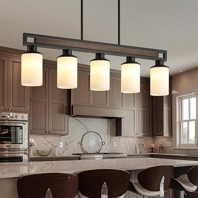 Farmhouse Dining Room Light Fixture, 5-Light Wood Kitchen Island Lighting for Dining Room Over Table, Black Adjustable Pendant Light with Milk Glass Shades, Linear Chandeliers Lighting for Kitchen