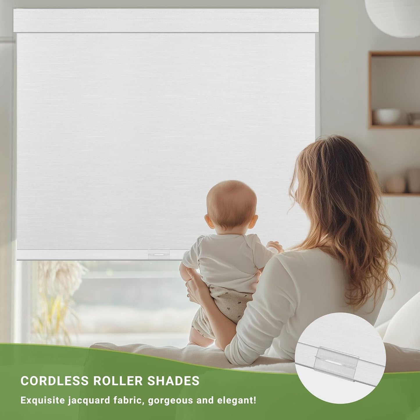 Blackout Roller Shades for Indoor Windows, Cordless Jacquard Fabric-Matched Roller Blinds, Easy to Install Privacy UV Protection Roll Up Blinds for Home Office, Pure White, 31" W x 72" H