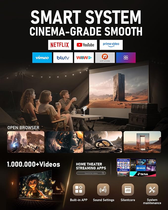 [Officially-Licensed APP & DoIby Audio] Smart Mini Projector with WiFi and Bluetooth, VOPLLS Portable Outdoor Projector 4K Support with TOF Real-Time Focus, Native 1080P Home Movie Projector
