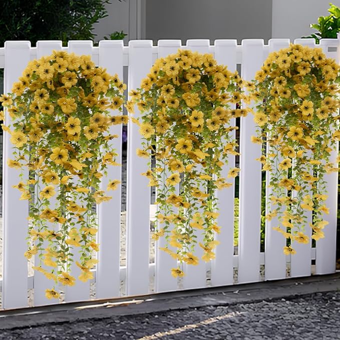 EROCK Artificial Flowers for Outdoors, 4PCS Fake Silk Hanging Flowers for Decoration UV & Fading Resistant, Realistic Faux Plants & Flowers for Porch Patio Balcony Window Box Home Decor (Yellow)