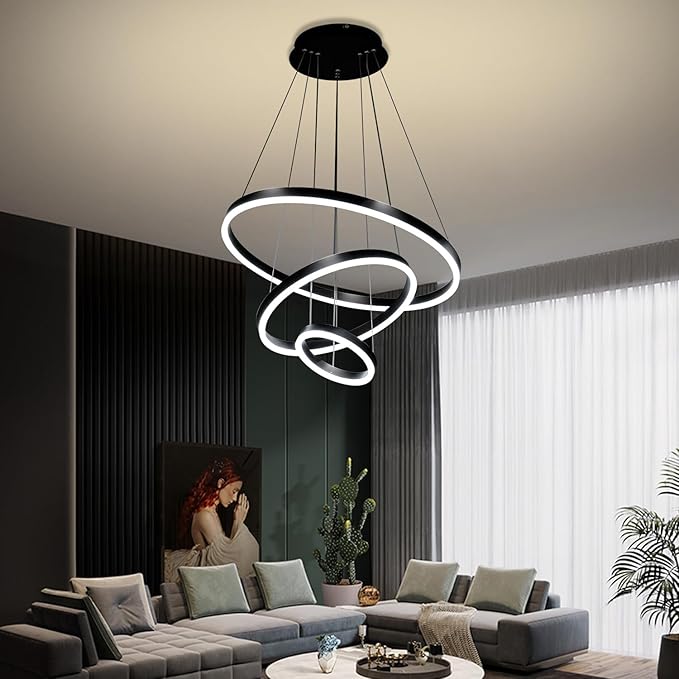 Viruhaka Modern LED Pendant Light, Black Circular Chandelier Fixture, Adjustable Height Circular Entrance Pendant Light, Suitable for Restaurants, Kitchens, Islands, Living Rooms, Cafes, Etc. (4000K)