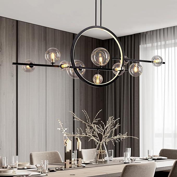 CROSSIO Modern Black LED Pendant Light, 10-Light Kitchen Island Chandelier with Glass Globe Shades, Adjustable Linear Light Fixture for Dining Room and Living Room