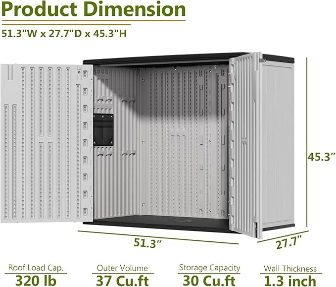 ZZM 37 Cu.ft Outdoor Storage Shed with Floor HDPE Double-Wall Resin Sheds Outdoor Storage, Lockable Weatherproof Storage Cabinet Fit for Garden Tools, Garage can, Bike, Patio Furniture, Grey