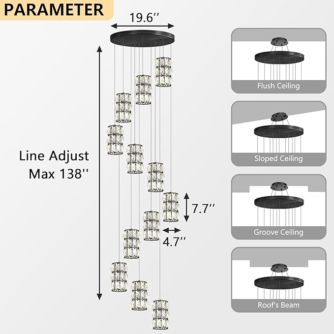12-Lights Modern Crystal LED Dimmable for Staircase Foyer High Ceiling Chandeliers Hallway Black