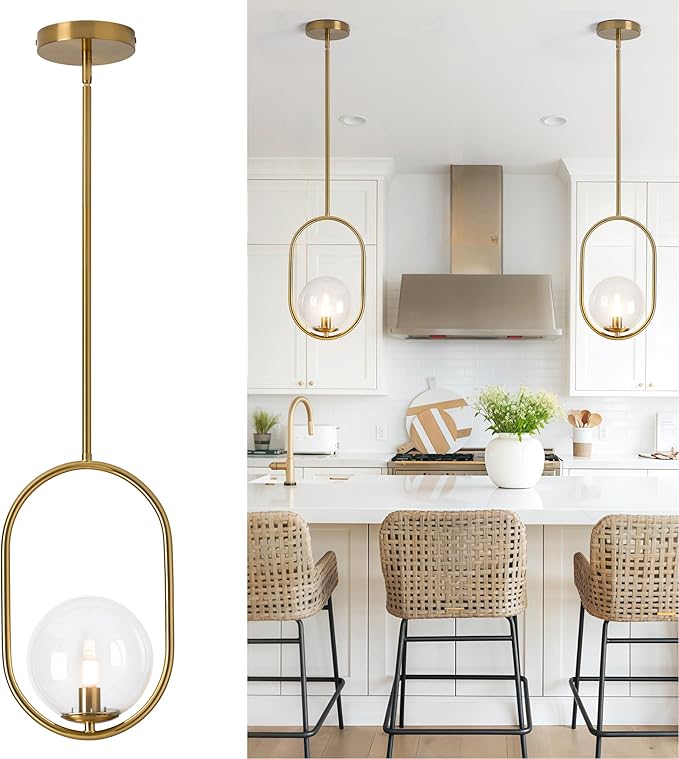 Gold Pendant Light Fixtures - 1-Light Pendant Light Fixture for Kitchen Island with Clear Glass - Modern Hanging Lights for Dining Room H9376-CLBG