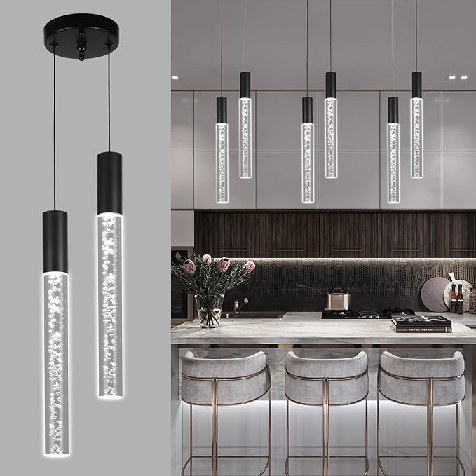 Modern Black Pendant Light Fixture 2-Light, 3-Color LED Pendant Lighting Acrylic Cord Adjustable Ceiling Hanging Lights for Kitchen Island Living Room Bedroom Dining Room