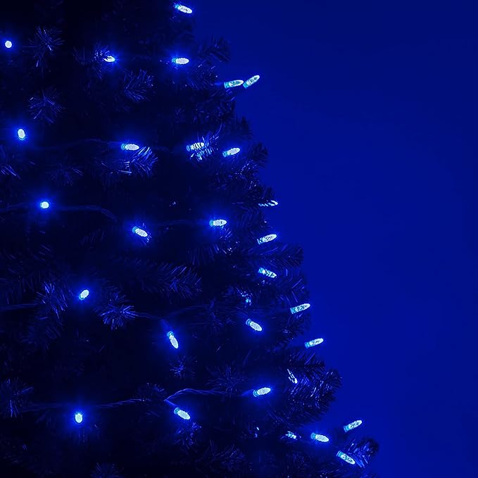 M5 LED Mini Ice Blue Prelamped Light Set, Green Wire - 70 M5 Blue LED Christmas Lights, 4" Spacing