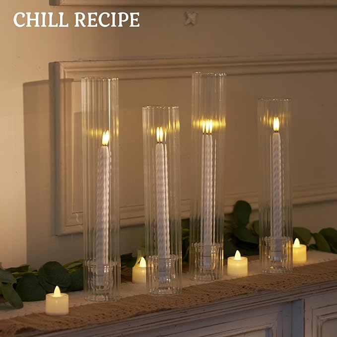 CHILL RECIPE Glass Hurricane Candlestick Holders Ribbed 12" Tall Cylinder Candle Holder Chimney Tube, Floral Taper Crystal Candle Stick Holder for Birthday Wedding Christmas Home Decor(1 Set 6Pcs)